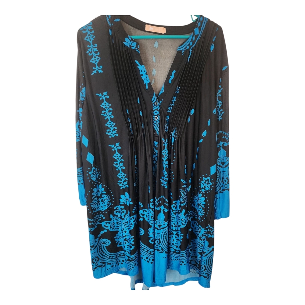 La Cera Blue Patterned Boho Blue And Black Blouse Size 3x